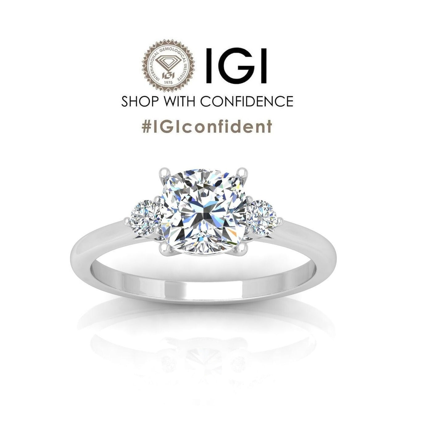 2.00CT IGI Certified Lab Grown Cushion & Round Diamond Trilogy Ring in Platinum