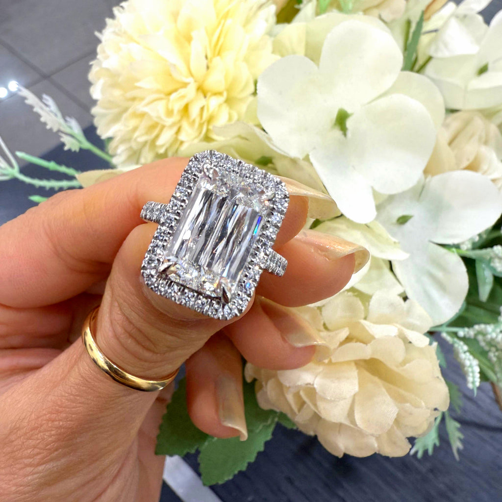 Platinum Ashoka Cut Lab Diamond Ring with Brilliant Halo and Side Stones