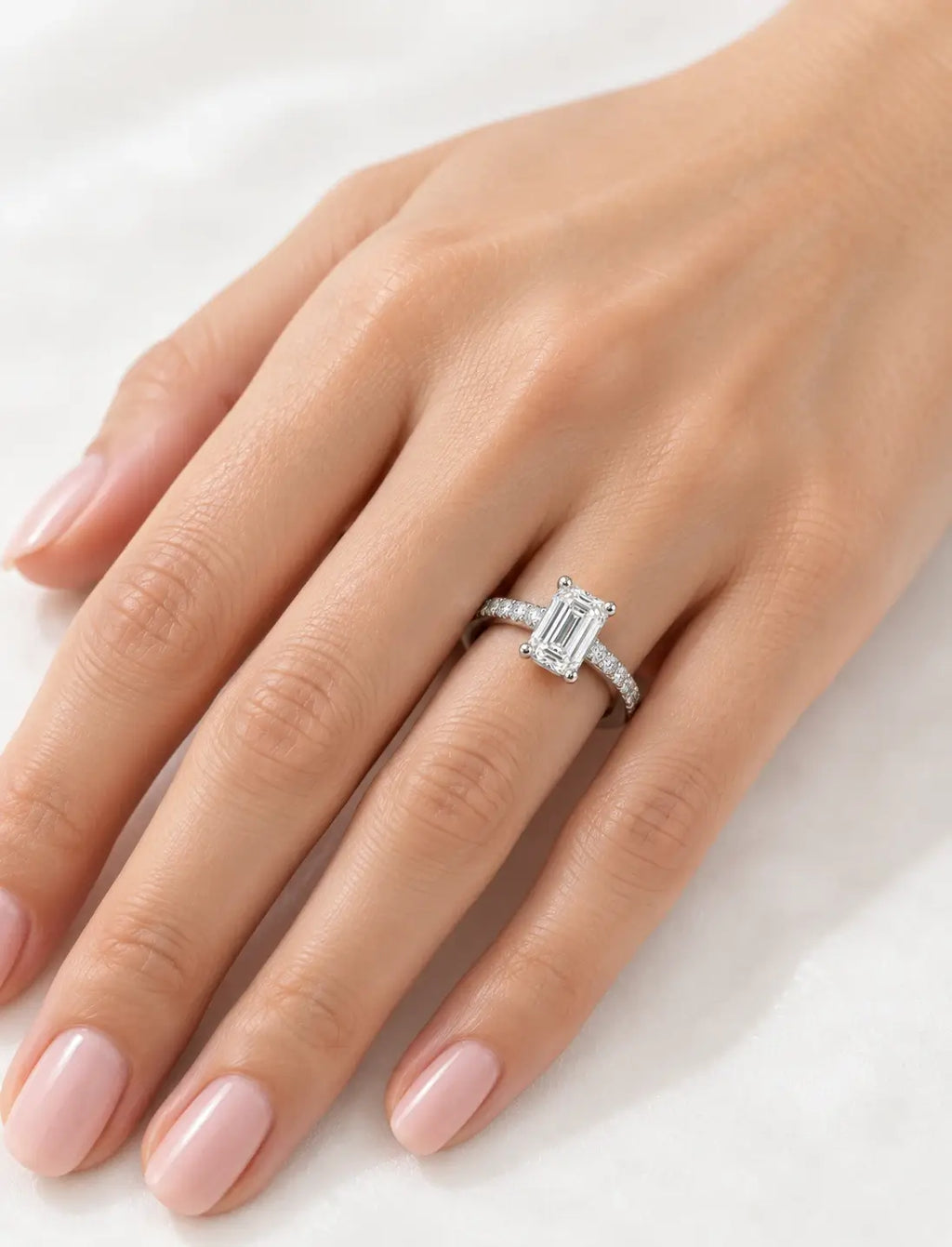 Lab Grown IGI Certified 1.80Ct Pave Set Emerald-Cut & Round Hidden Halo Diamond Engagement Ring Platinum