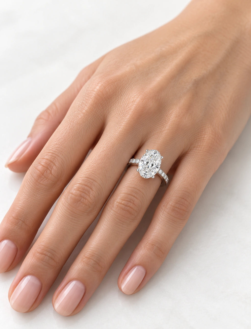 Lab IGI Certified Oval with Side Round Diamond Pave Setting Engagement Ring Platinum