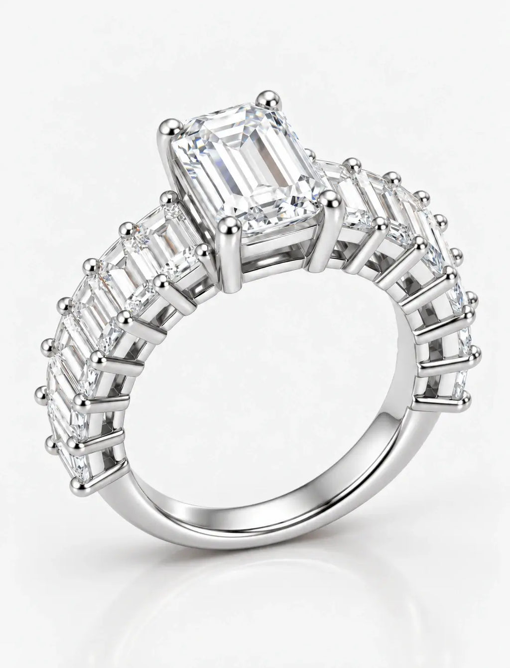 Emerald-Cut Lab Grown Diamond Engagement Ring with Prong-Set IGI Certified Emerald Side Stones in Platinum