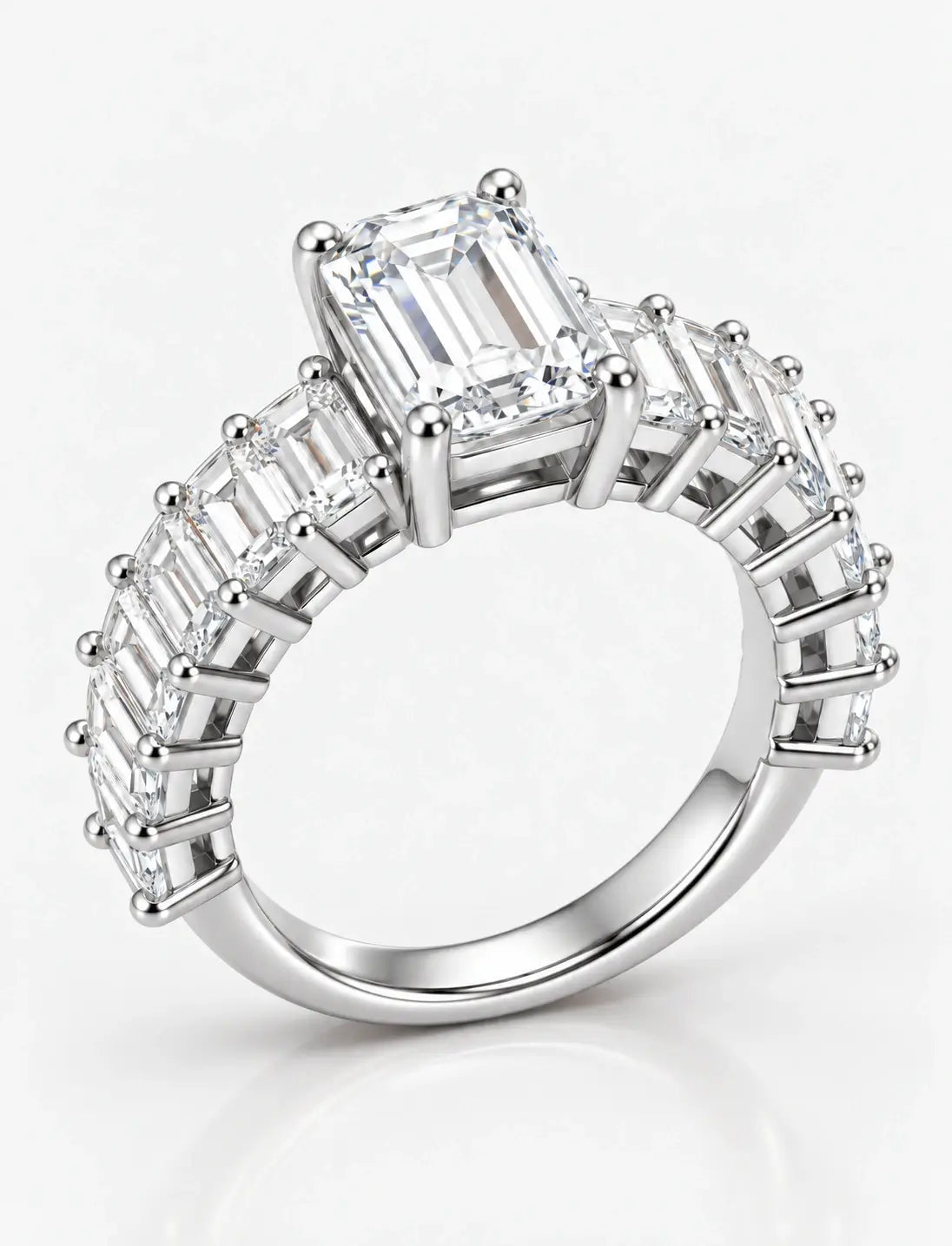 Emerald-Cut Lab Grown Diamond Engagement Ring with Prong-Set IGI Certified Emerald Side Stones in Platinum