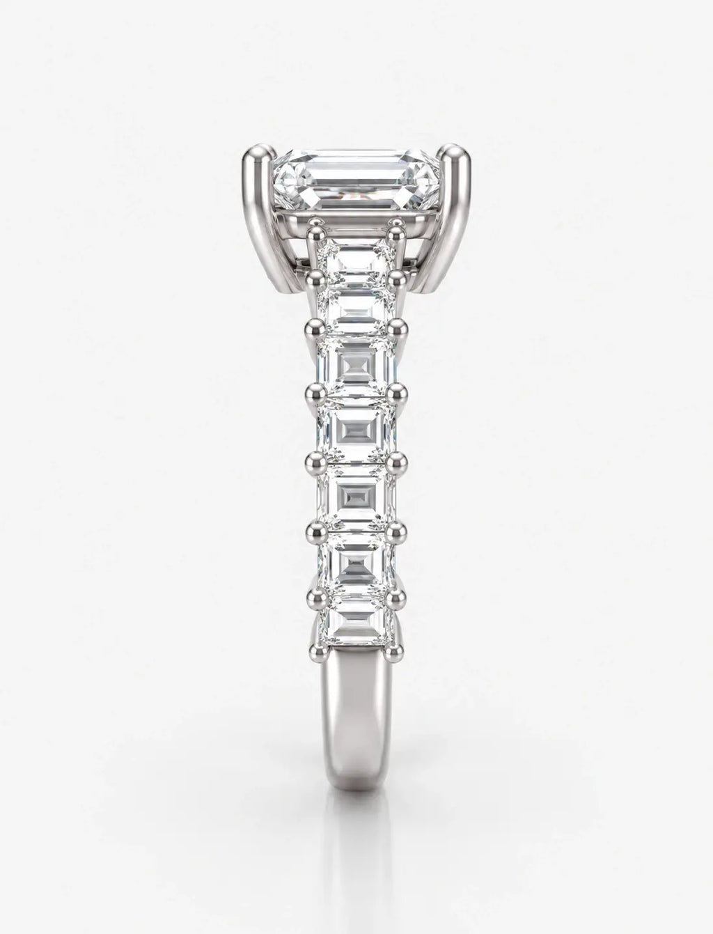 Emerald-Cut Lab Grown Diamond Engagement Ring with Prong-Set IGI Certified Emerald Side Stones in Platinum