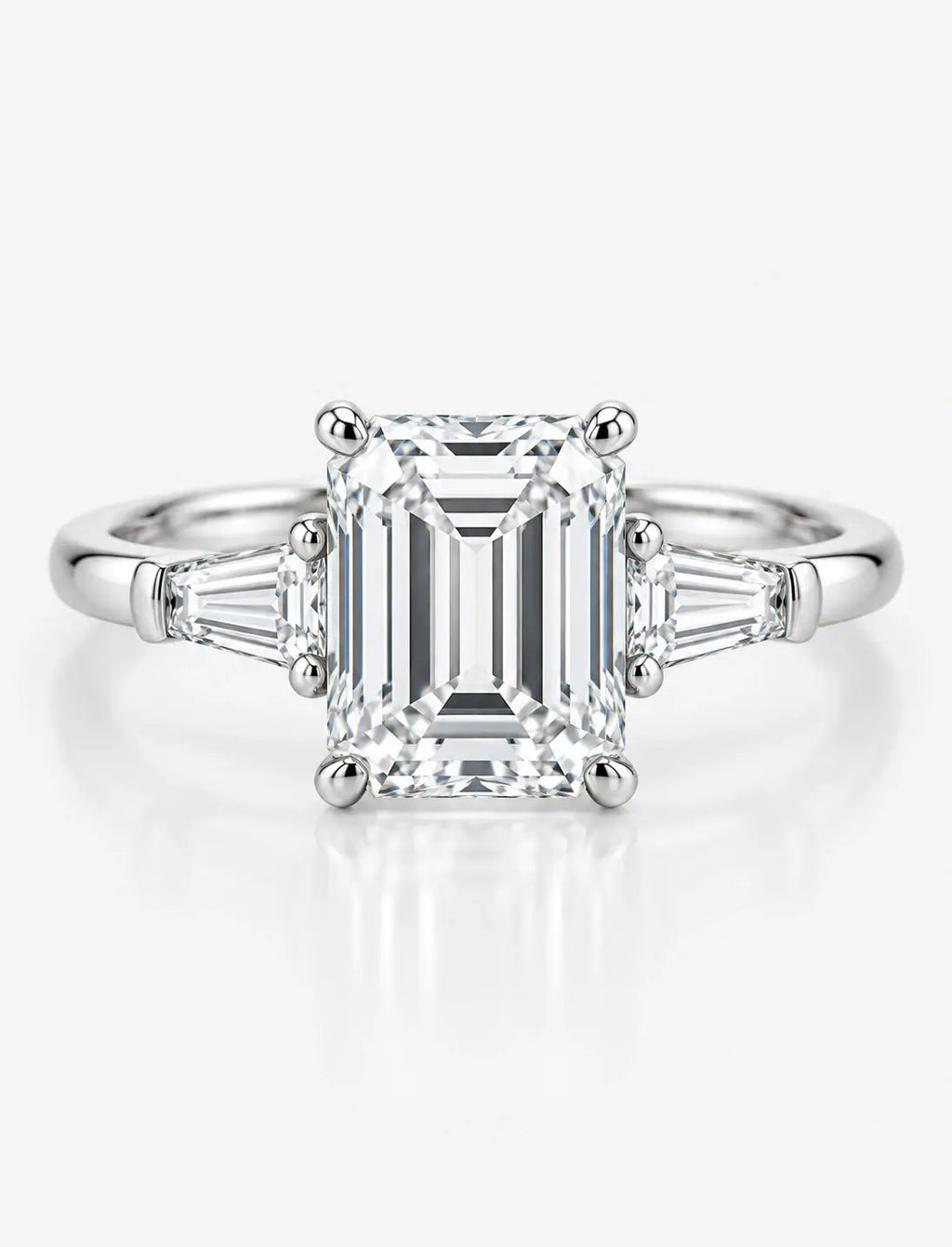 Lab Grown IGI Certified Classic Emerald-Cut Diamond Engagement Ring 3-Stone Platinum with Tapered Baguettes