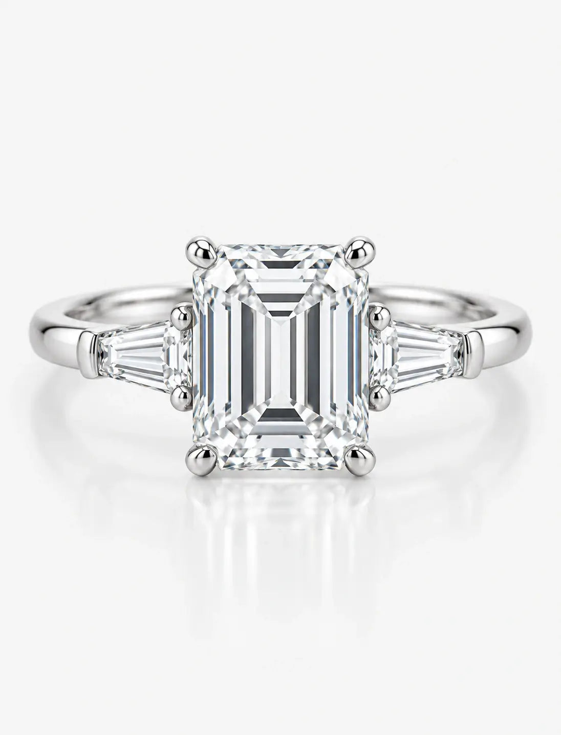 Lab Grown IGI Certified Classic Emerald-Cut Diamond Engagement Ring 3-Stone Platinum with Tapered Baguettes
