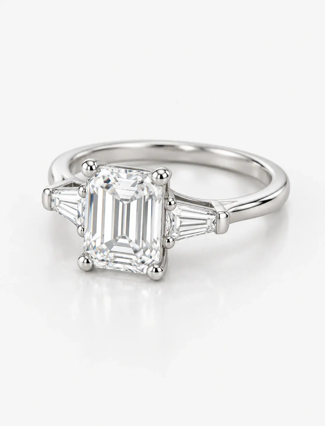 Lab Grown IGI Certified Classic Emerald-Cut Diamond Engagement Ring 3-Stone Platinum with Tapered Baguettes
