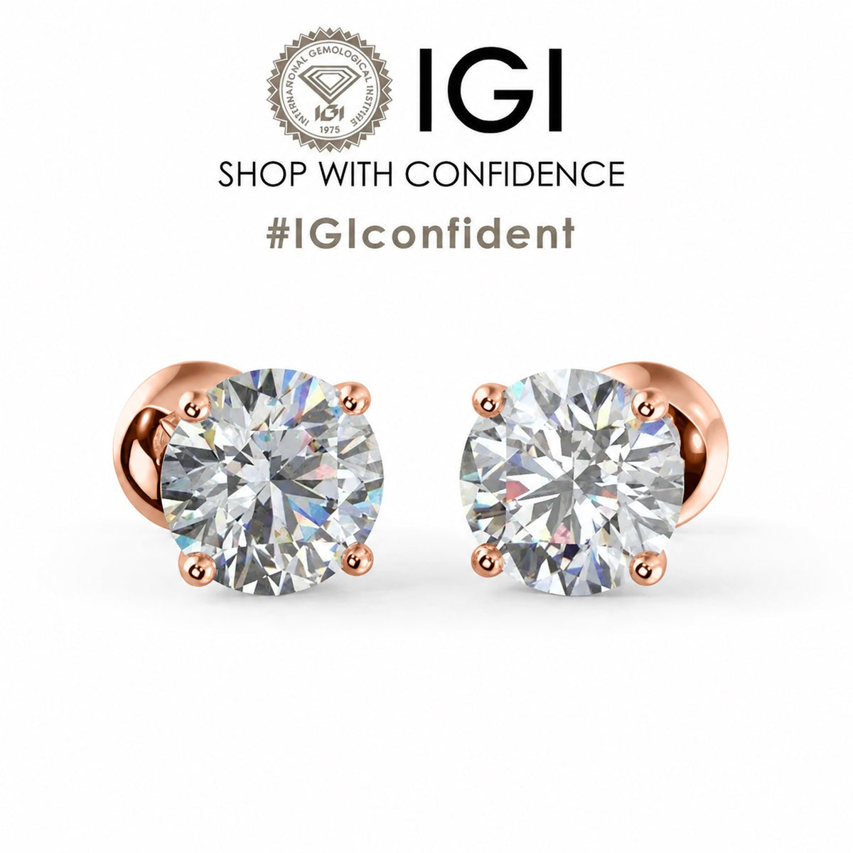 IGI Certified Round Diamond Claw Setting Stud Earrings Screw Back in Gold & Platinum