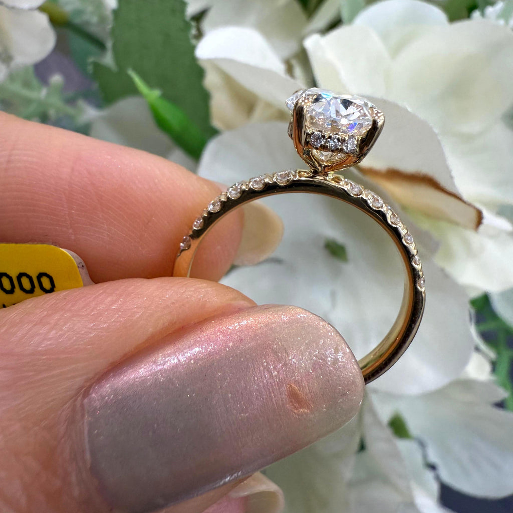 IGI Certified 2.00 Carat E/VS Oval With Side Diamond Hidden Halo Engagement Ring In 18K Yellow Gold