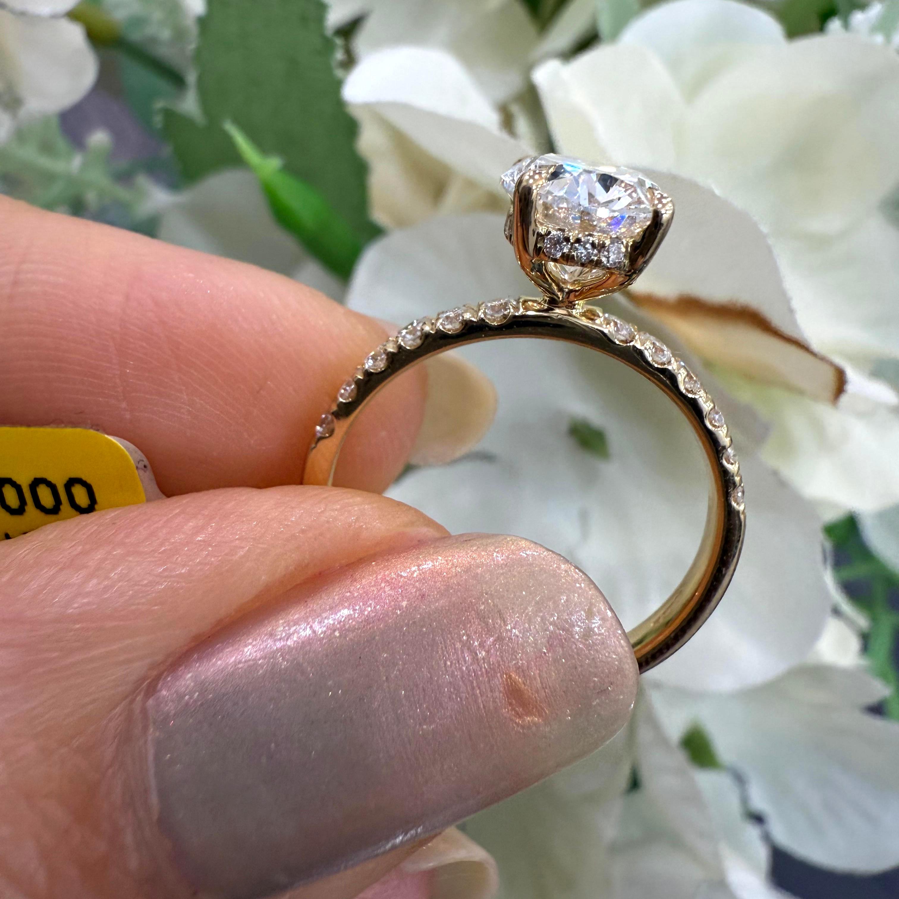 IGI Certified 2.00 Carat E/VS Oval With Side Diamond Hidden Halo Engagement Ring In 18K Yellow Gold