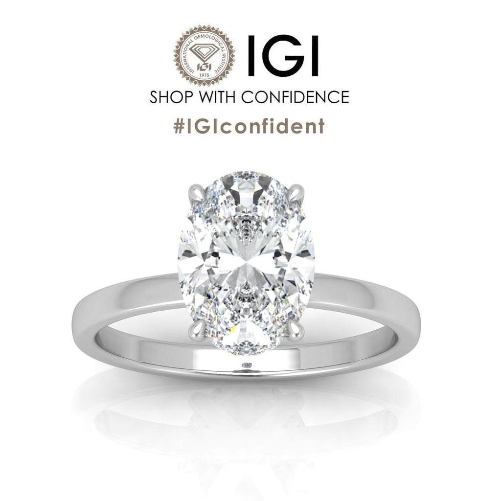 IGI Certified Oval Lab Diamond Hidden Halo Engagement Ring in Platinum