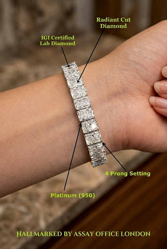 IGI Certified D/VS 51.94Ct Radiant Cut Lab Diamond Bracelet In Platinum 7.5in