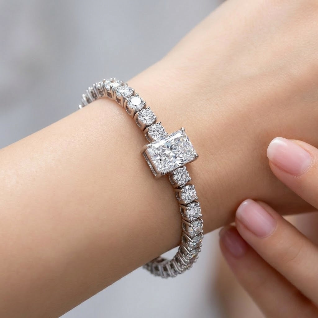 10.00Ct Radiant and Round Lab Diamond Tennis Bracelet In 9k White Gold 7inch
