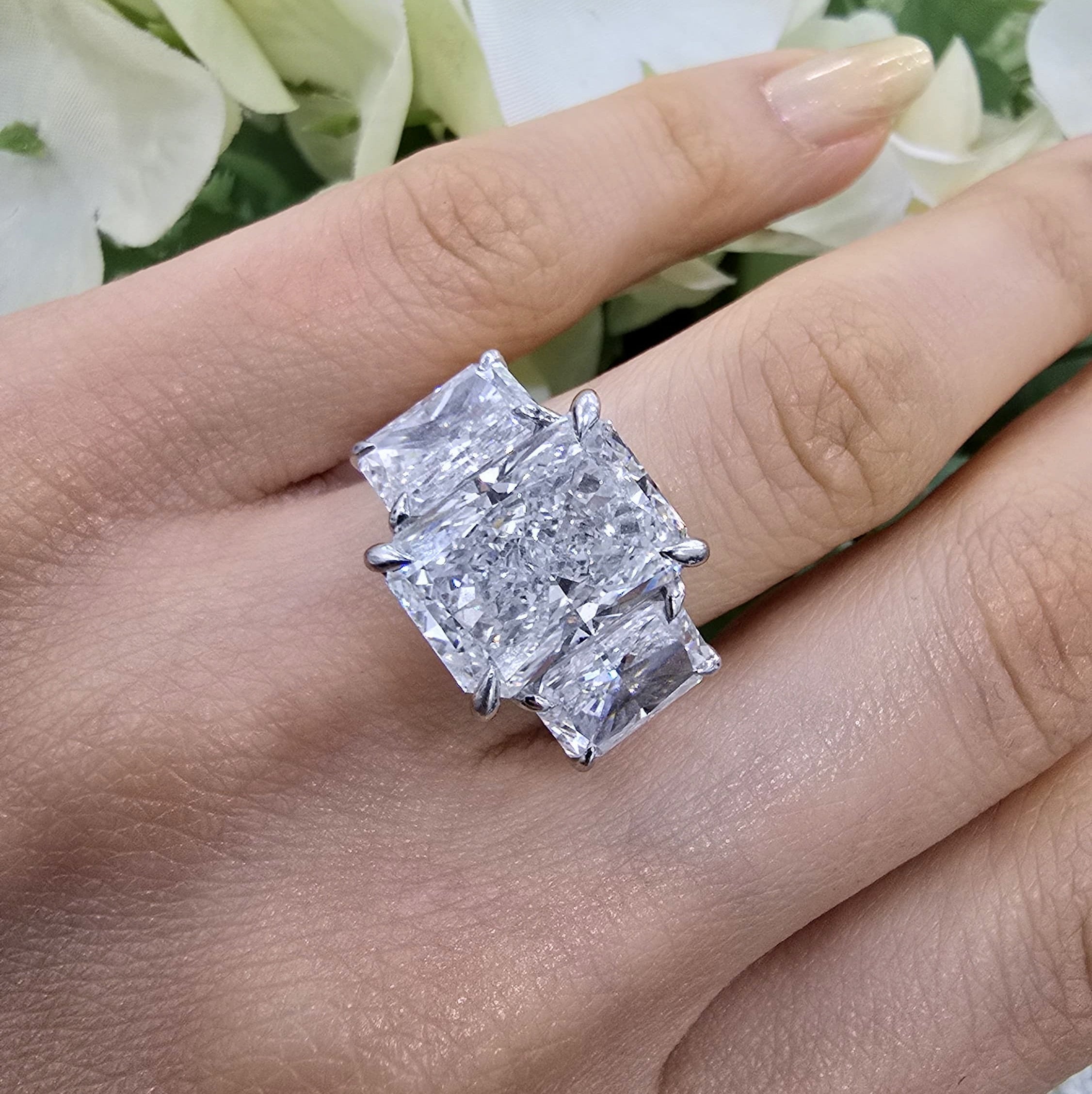 11.08CT Trilogy Lab Diamond Ring with 7.04CT Radiant Center in Platinum