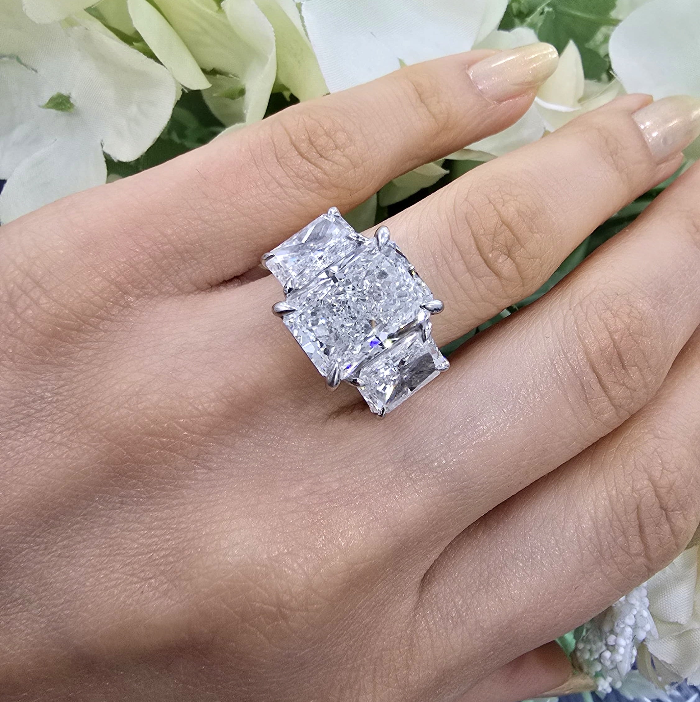Three-Stone Lab Grown Radiant Diamond Ring in Solid Platinum