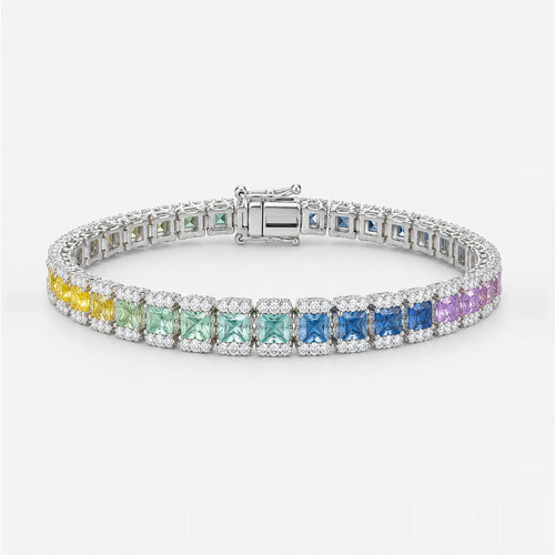 10.00ct Round Rainbow Sapphire Tennis Bracelet - 9k White Gold