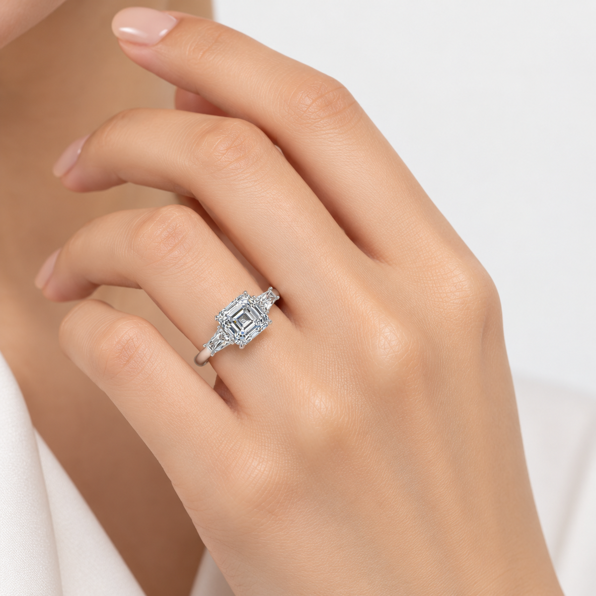 IGI Certified Lab Grown Asscher-Cut Diamond Three-Stone Engagement Ring with Tapered Baguette Side Stones in Gold & Platinum