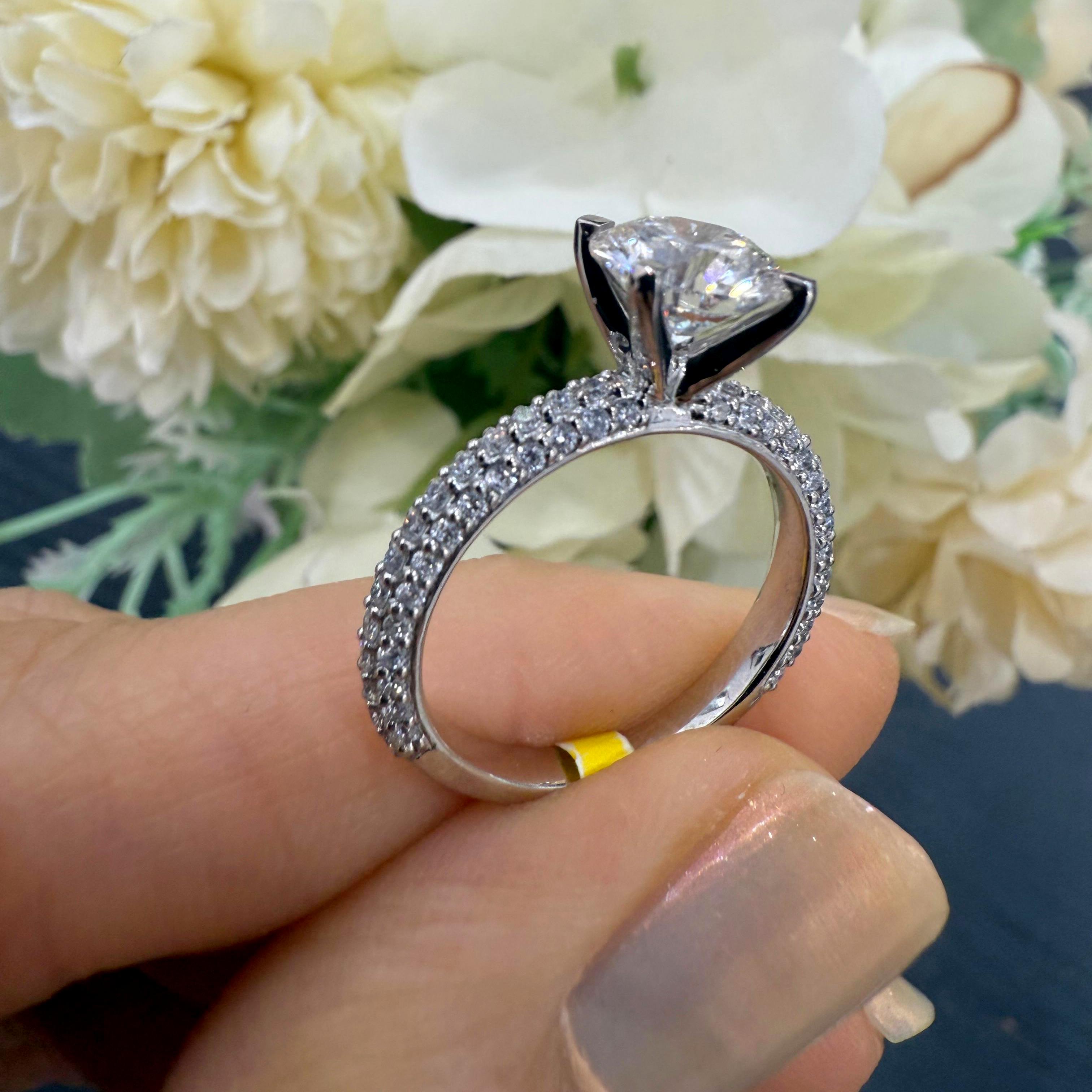 Close-up of 3-Row Pave Set Round Lab Diamond Ring in Platinum