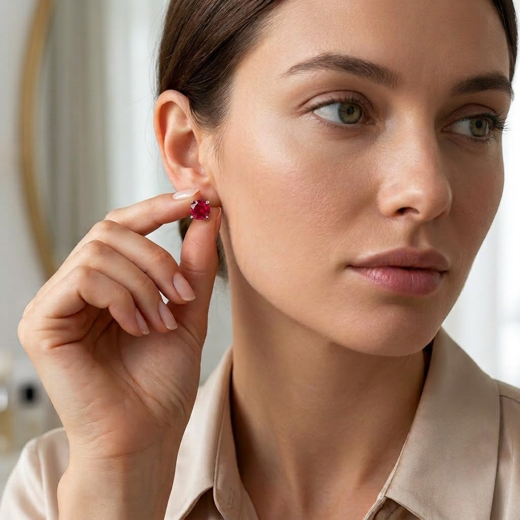 100% Natural 1.00 Ct Ruby Stud Earring , In Gold