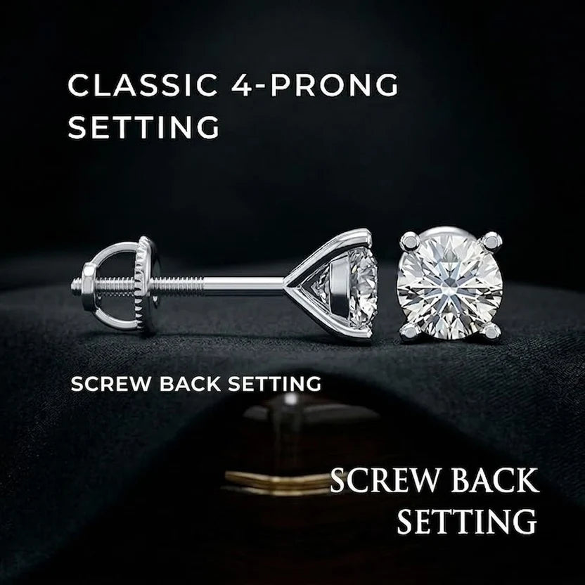 IGI Certified Round Diamond Claw Setting Stud Earrings Screw Back in Gold & Platinum