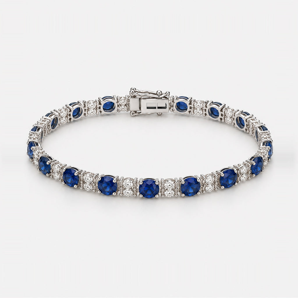 7.00ct Round Sapphire & Diamond Tennis Bracelet - 9k White Gold