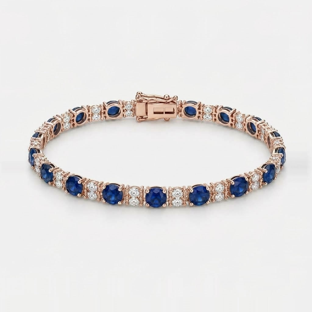 7.00ct Round Sapphire & Diamond Tennis Bracelet - 9k Rose Gold
