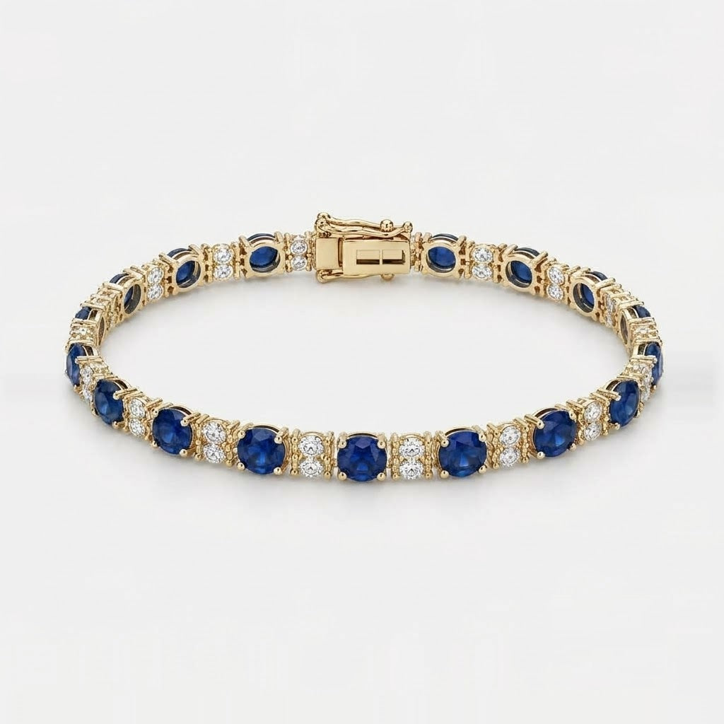 7.00ct Round Sapphire & Diamond Tennis Bracelet - 9k Yellow Gold