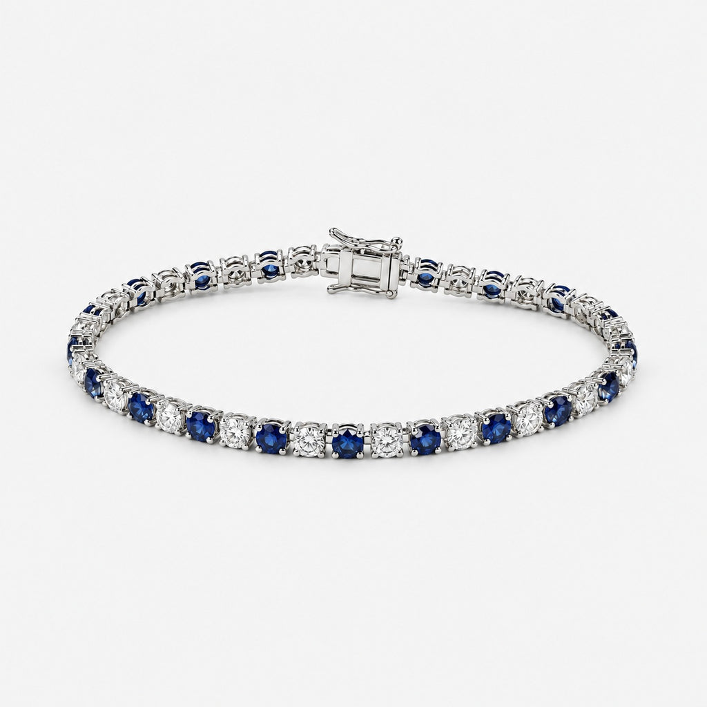 6.00ct Round Sapphire & Diamond Tennis Bracelet - 9k White Gold
