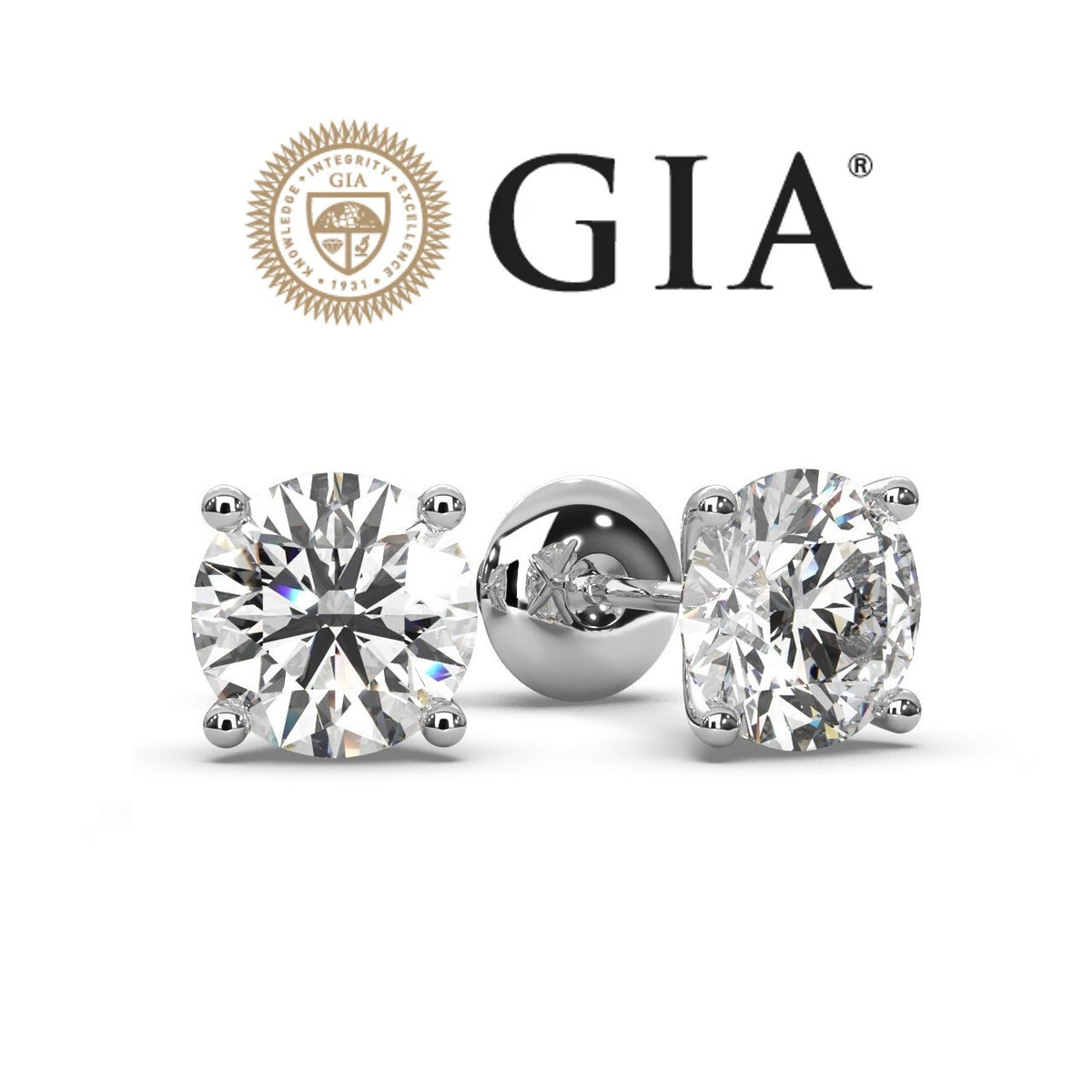 GIA Certified Natural 1.01 Carat Round Earth Mined Diamond Stud Earring In 18k White Gold
