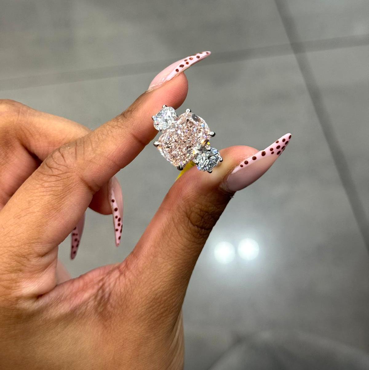 Black Friday Deal ! 10.59ct Fancy Pink Radiant & Round Lab Diamond Trilogy Ring in Platinum