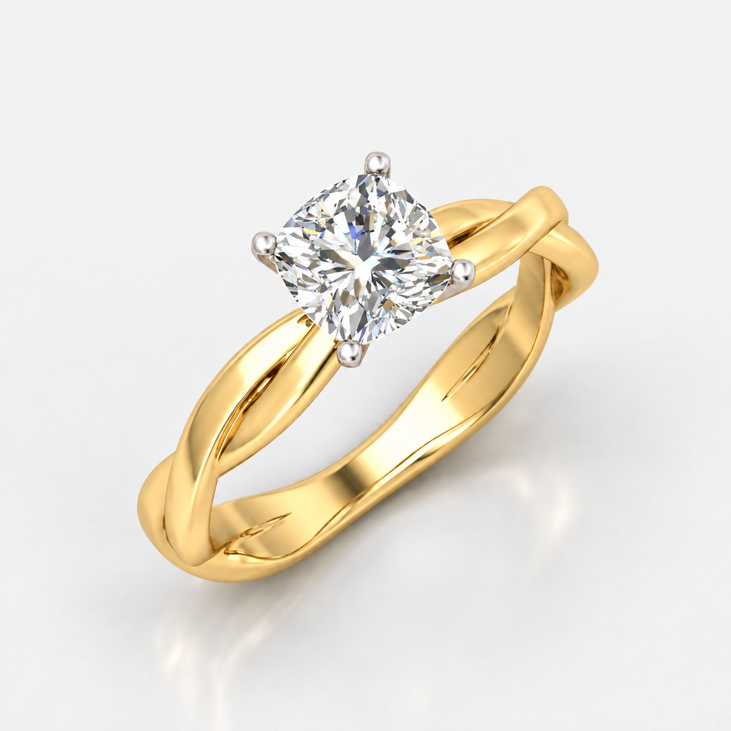 Twisted IGI Certified Classic Cushion Diamond Solitaire Engagement Ring in Gold & Platinum