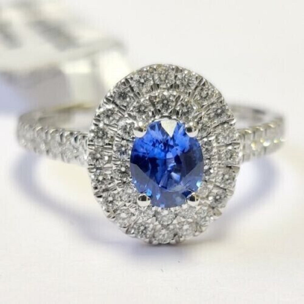 1.50Ct Blue Sapphire & Round Diamond Double Halo Ring In Gold & Platinum
