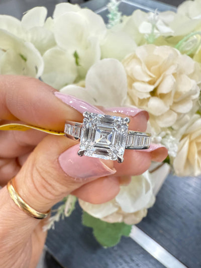 3.50CT IGI Certified Lab Grown Asscher & Baguette Diamond Engagement Ring in Platinum. E/VS quality, UK hallmarked,