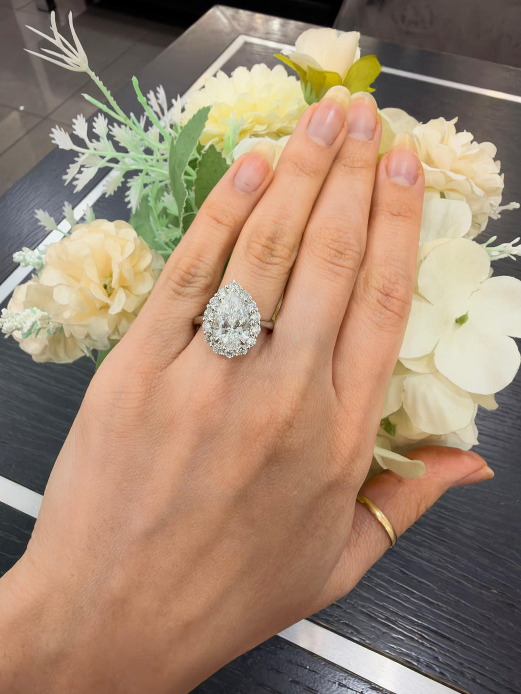 Pear Diamond Engagement Ring 4.15 Carat Halo with Round Diamond Plain Shank Engagement Ring in Platinum