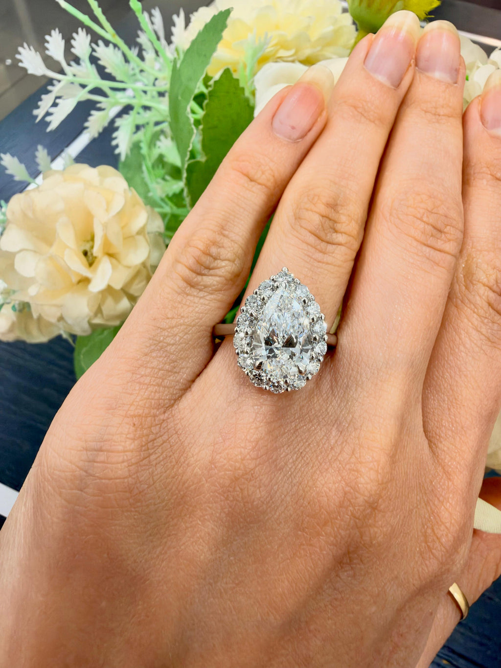 Pear Diamond Engagement Ring 4.15 Carat Halo with Round Diamond Plain Shank Engagement Ring in Platinum