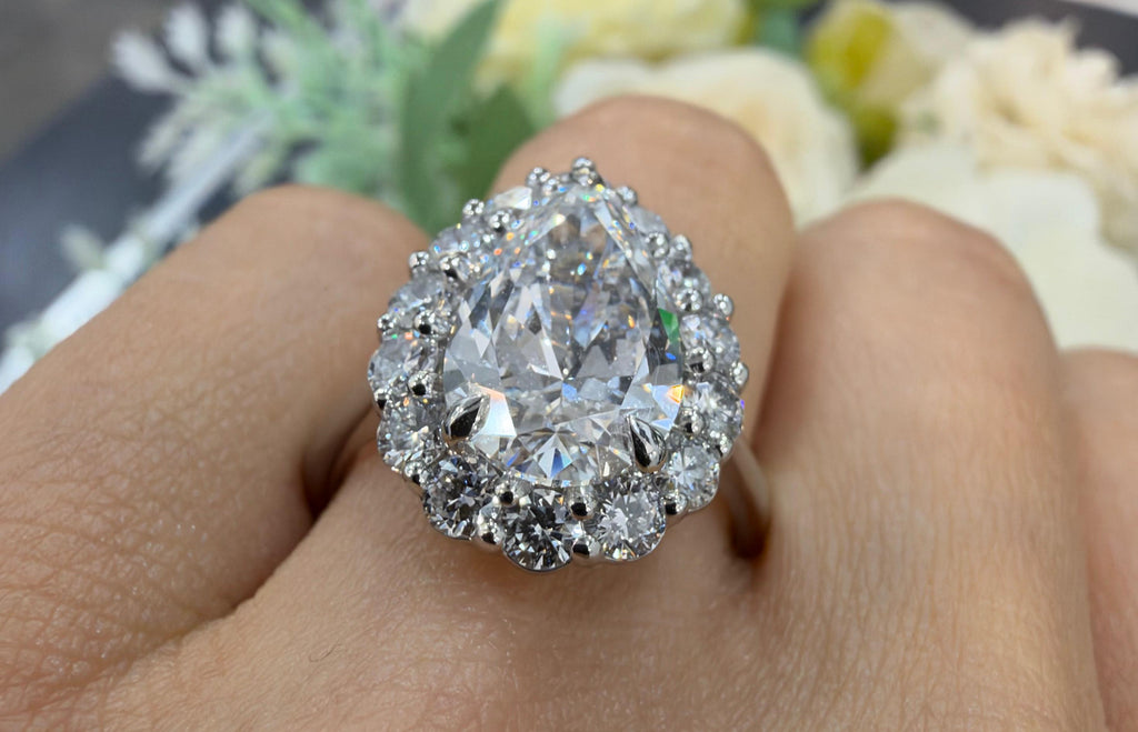 Pear Diamond Engagement Ring 4.15 Carat Halo with Round Diamond Plain Shank Engagement Ring in Platinum