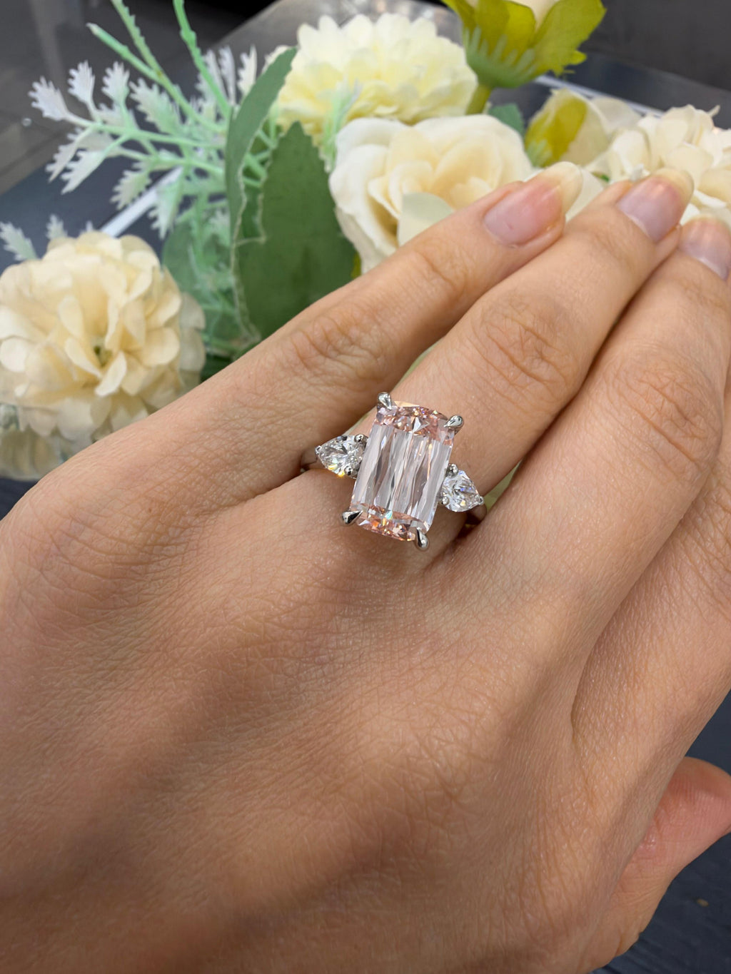 Women's IGI Certified Lab Grown 4.70 Ct Ashoka Diamond Fancy Vivid Pink with side Pear Engagement Ring in Platinum