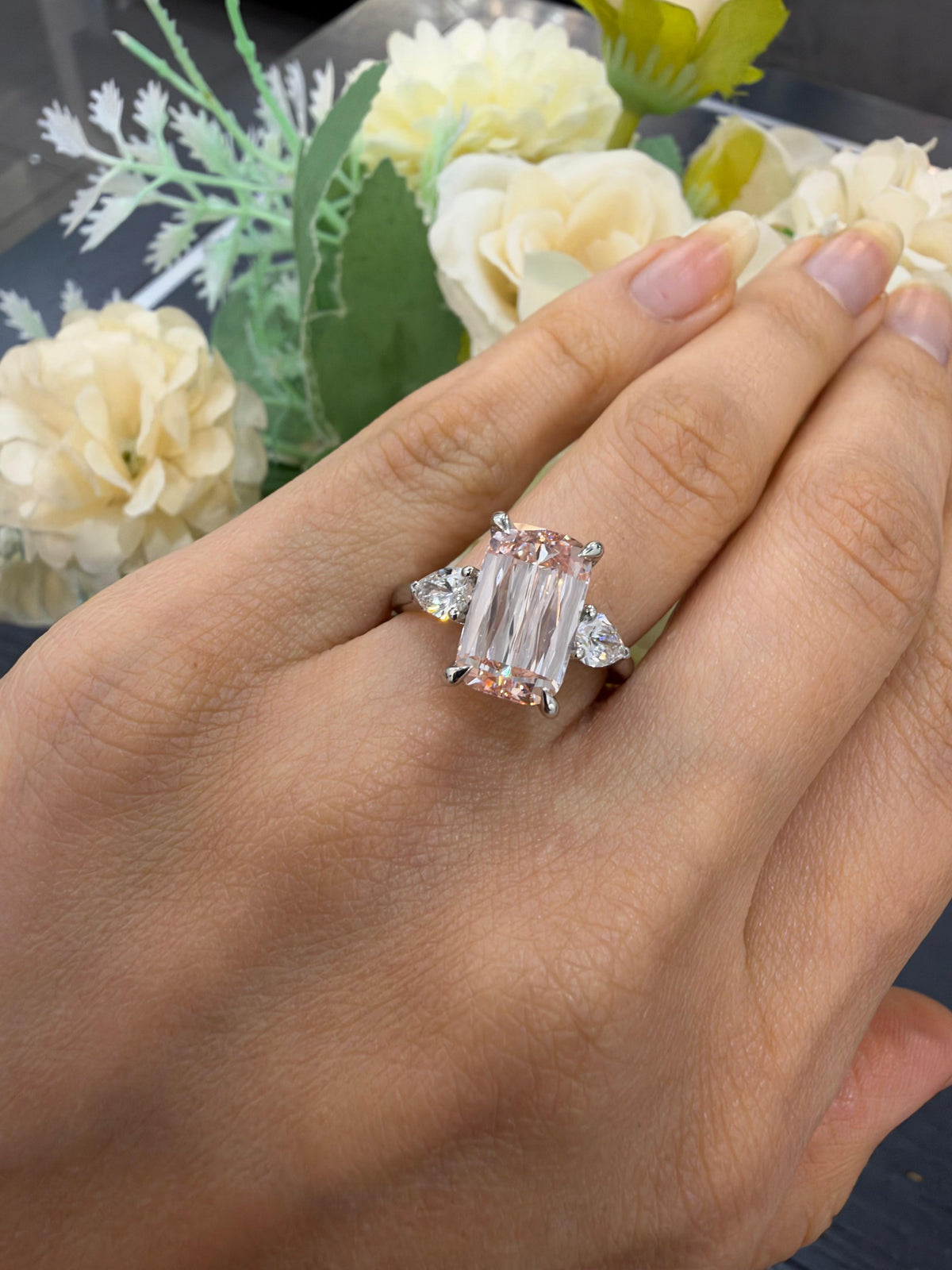 Women's IGI Certified Lab Grown 4.70 Ct Ashoka Diamond Fancy Vivid Pink with side Pear Engagement Ring in Platinum