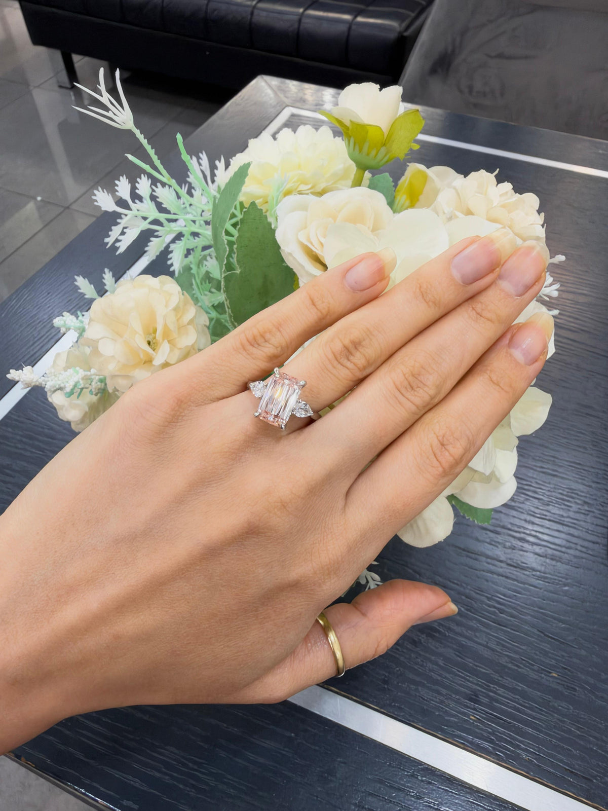 Women's IGI Certified Lab Grown 4.70 Ct Ashoka Diamond Fancy Vivid Pink with side Pear Engagement Ring in Platinum
