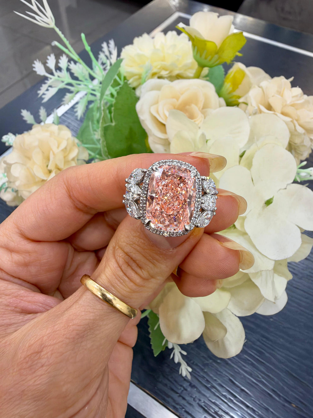 9.00 Carat IGI Certified Lab Grown Diamond Fancy Pink Cushion with side Pear Diamond Hiddin Halo Engagement Ring in Platinum