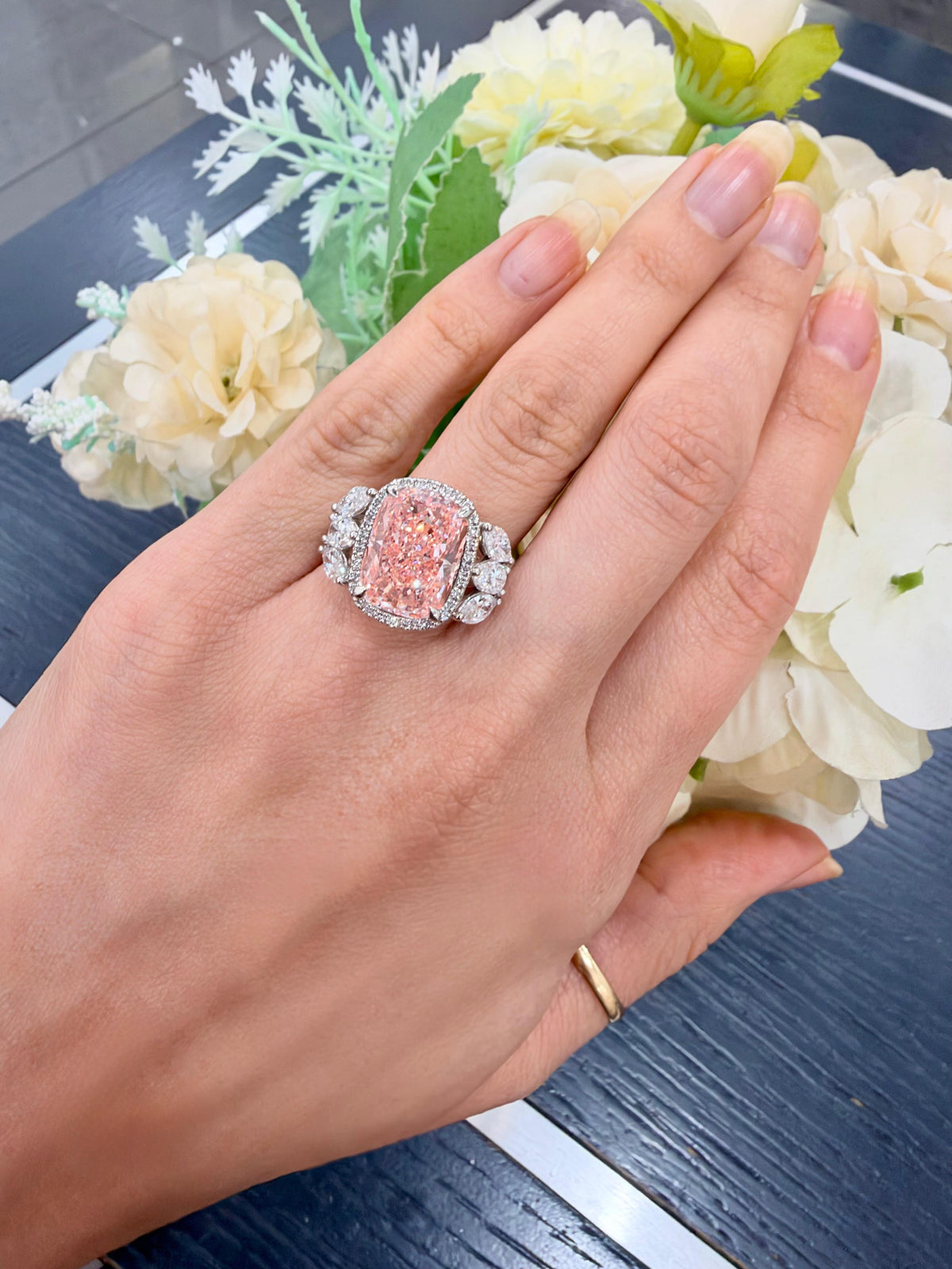 9.00 Carat IGI Certified Lab Grown Diamond Fancy Pink Cushion with side Pear Diamond Hiddin Halo Engagement Ring in Platinum