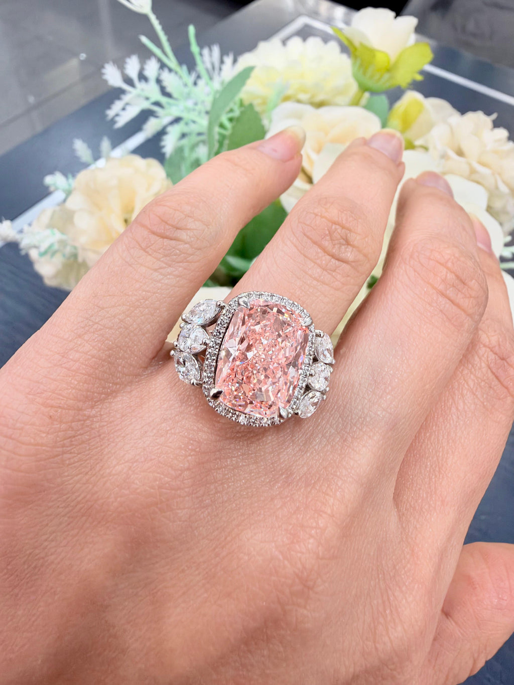 9.00 Carat IGI Certified Lab Grown Diamond Fancy Pink Cushion with side Pear Diamond Hiddin Halo Engagement Ring in Platinum