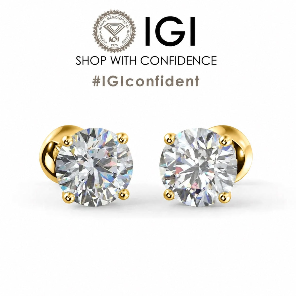 IGI Certified Round Diamond Claw Setting Stud Earrings Screw Back in Gold & Platinum