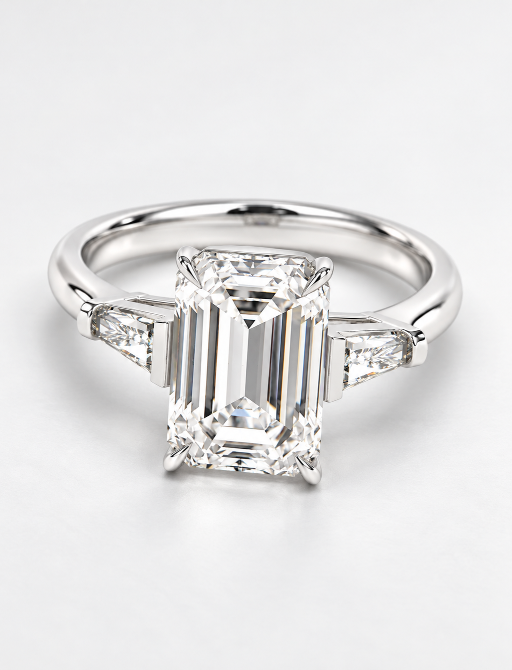 5.70CT Lab Grown Solitaire Emerald Diamond Tapered Baguette Trilogy Ring Platinum