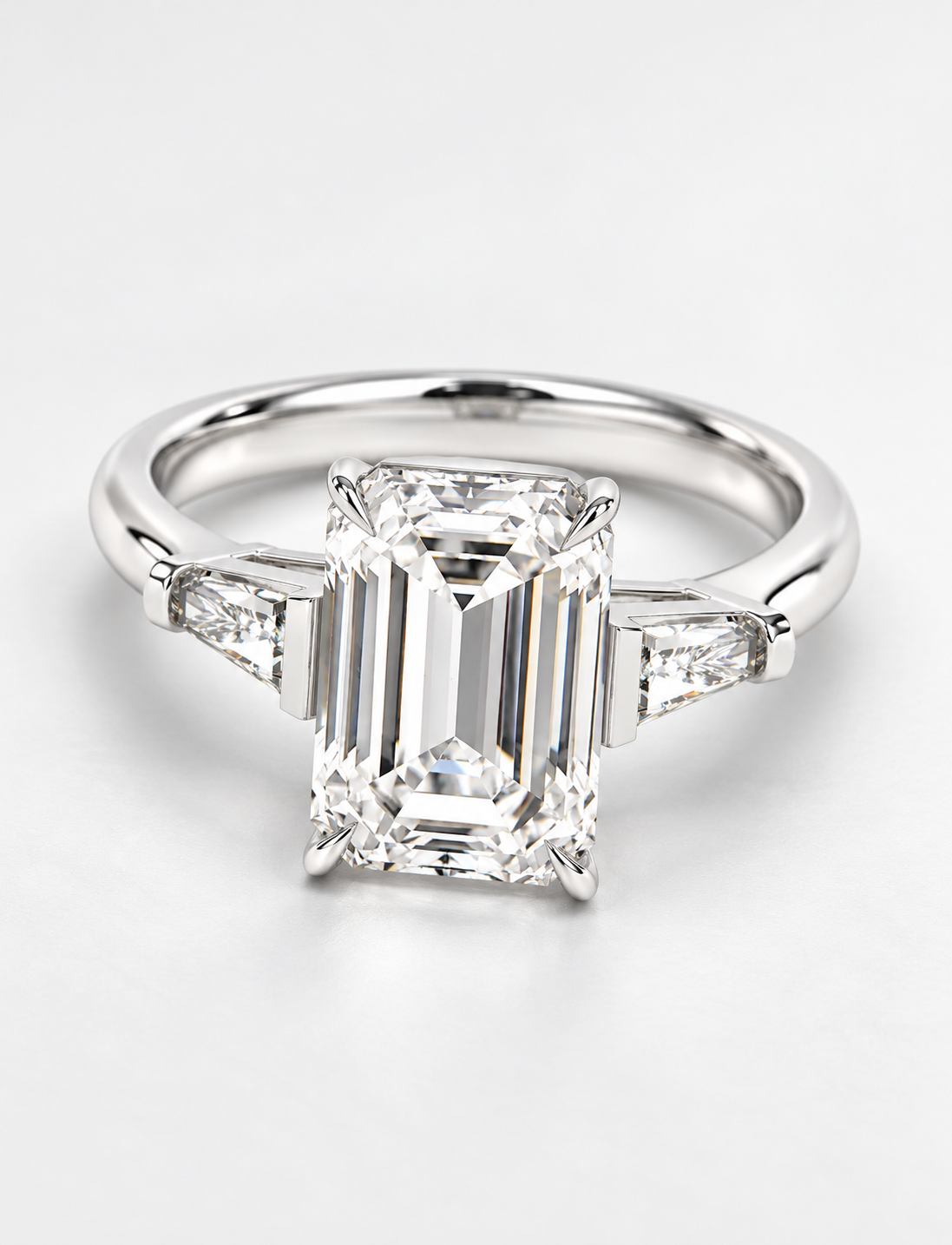 5.70CT Lab Grown Solitaire Emerald Diamond Tapered Baguette Trilogy Ring Platinum