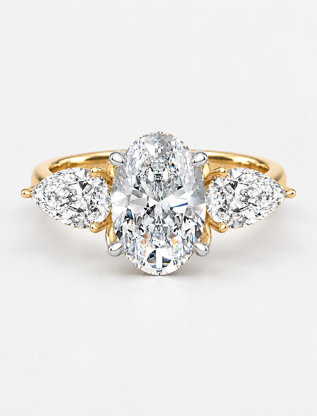 IGI Certified Lab Grown Oval Cut Three-Stone Diamond Engagement Ring with Pear Side Stones in Gold & Platinum