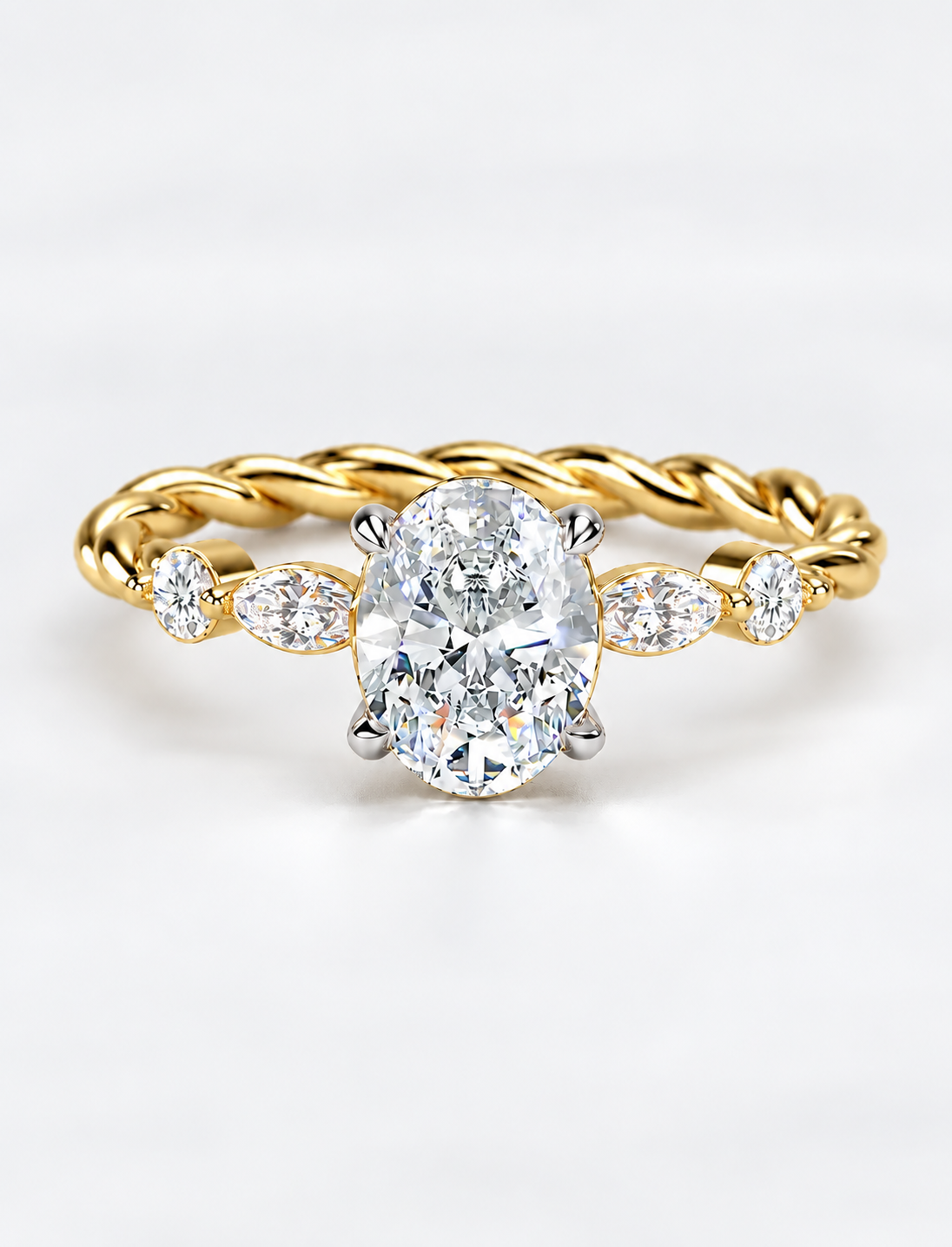 IGI Certified Lab Grown Versailles-Inspired Oval Solitaire Ring with Marquise & Round Diamond Side Stones in Gold & Platinum