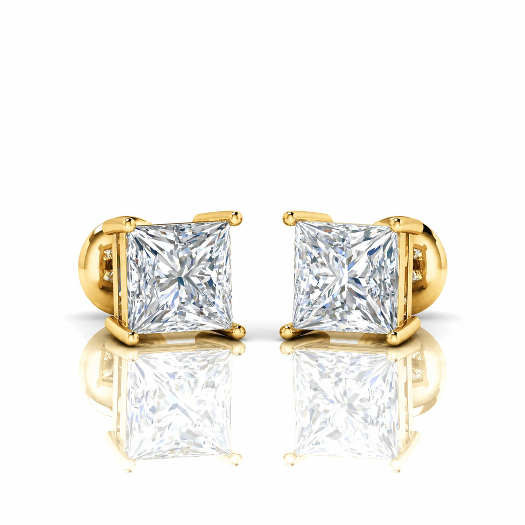 Princess Cut Diamond Stud Earrings D / VVS2 4.00 Carat  IGI Certified Lab Grown Diamond  In 18K Yellow Gold