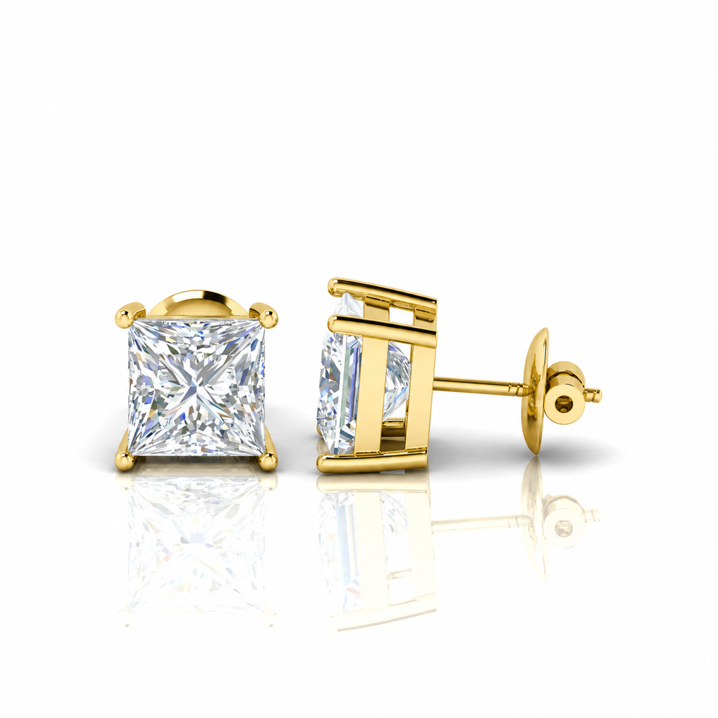 Princess Cut Diamond Stud Earrings D / VVS2 4.00 Carat  IGI Certified Lab Grown Diamond  In 18K Yellow Gold