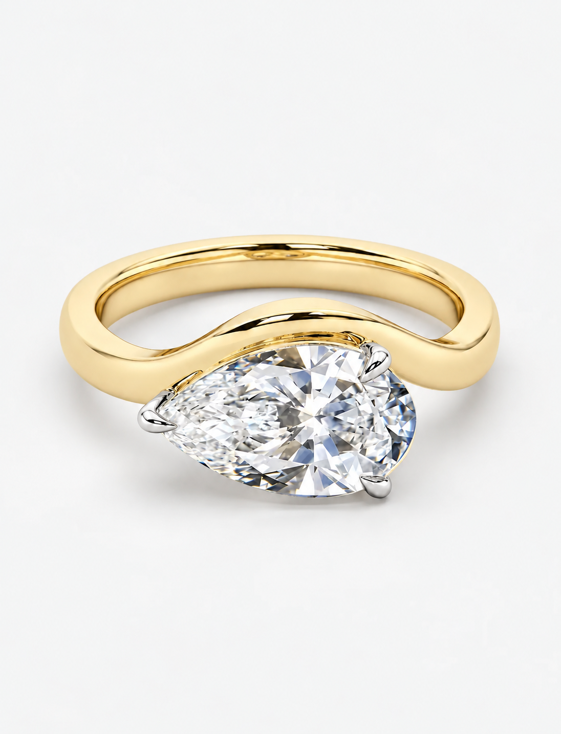 IGI Certified Lab Grown East-West Pear-Shaped Diamond Bypass Solitaire Ring in Gold & Platinum