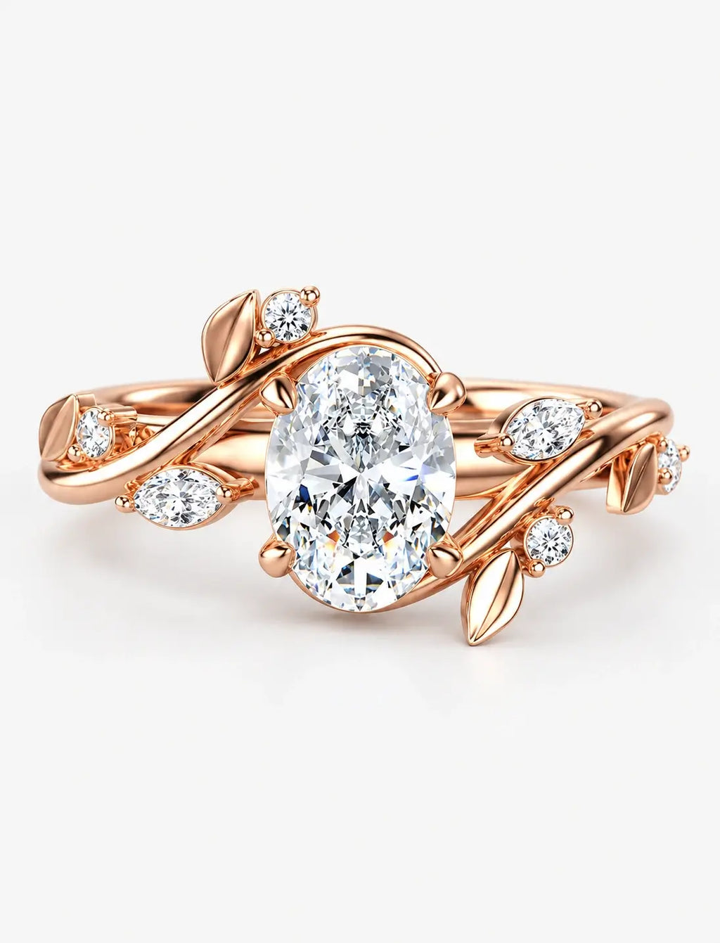 IGI Certified Lab Grown Round Brilliant Diamond Engagement Ring with Marquise Leaf & Round Accents in Gold & Platinum